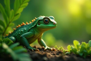 Fototapeta premium Green camouflaged creature blends into foliage, warm light, palm fronds, different colors