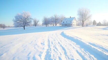 Obraz premium Charming Winter Landscape with Snow-Covered House and Frosty Trees