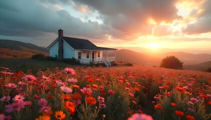 A white house nestled among colorful wildflowers, with hills and mountains under a sunset sky