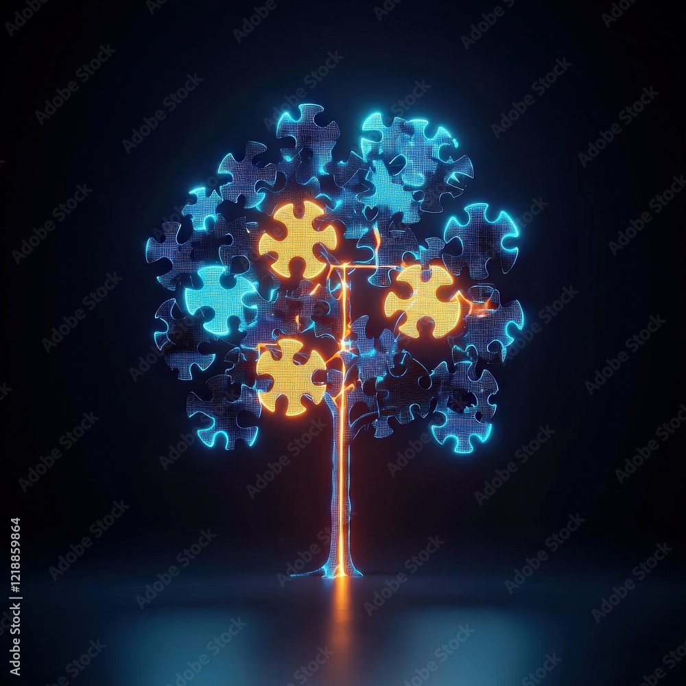 Poster tree with glowing puzzle patterns integrated into its structure