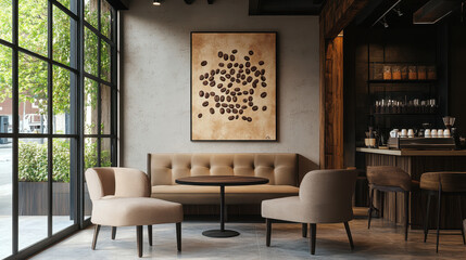 Fototapeta premium Cozy Coffee Shop Interior: An inviting and stylish coffee shop interior with plush armchairs, a large window overlooking the street.