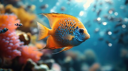 Orange fish swims coral reef, ocean background, aquarium