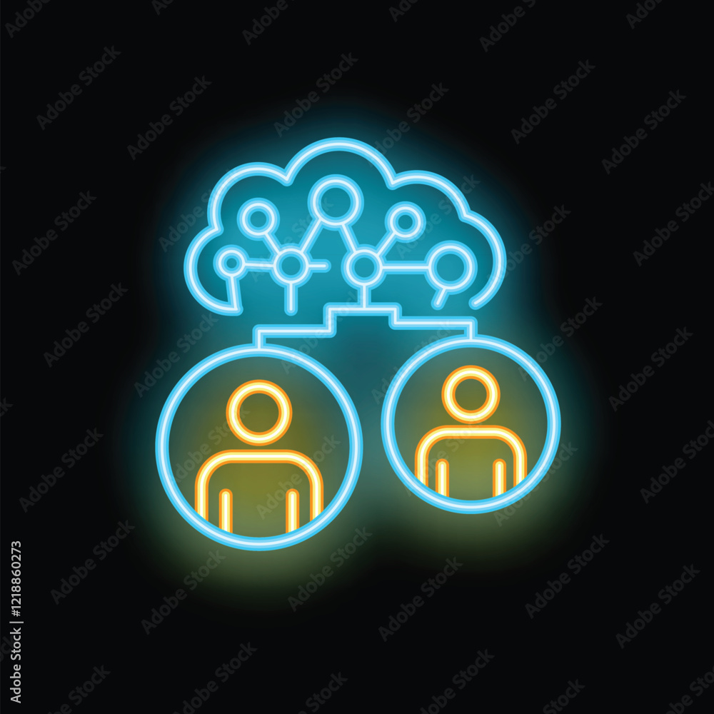 Poster neon glowing icon of people sharing data in a cloud computing network, suitable for technology and s