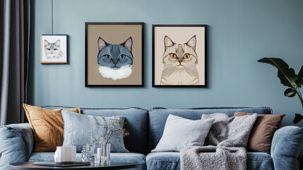 Cozy Cat Portraits: Two charming cat portraits in minimalist frames adorn a stylish living room wall, adding a touch of feline elegance to a cozy and inviting atmosphere.  