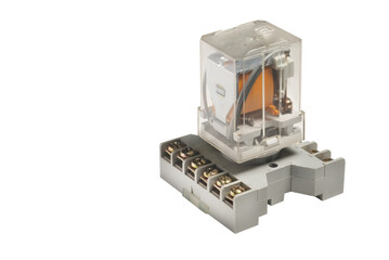 Electronic relay with socket on white background.