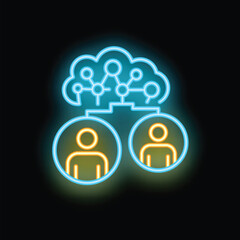 Neon glowing icon of people sharing data in a cloud computing network, suitable for technology and social media concepts