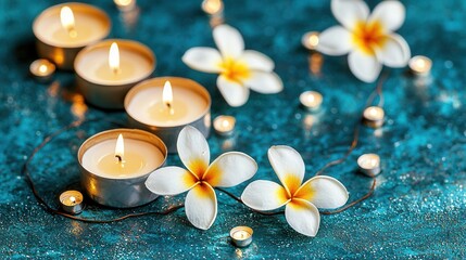 Calming Spa Scene With Lit Candles And Plumeria Flowers