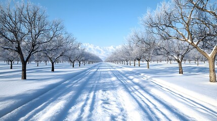 Obraz premium Serene Winter Wonderland with Tree-Lined Path and Snow-Covered Landscape