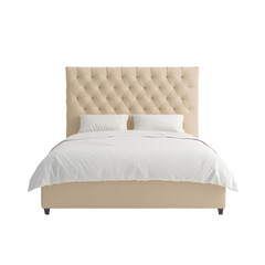 A luxurious beige bed with a tufted headboard, perfect for a stylish bedroom.