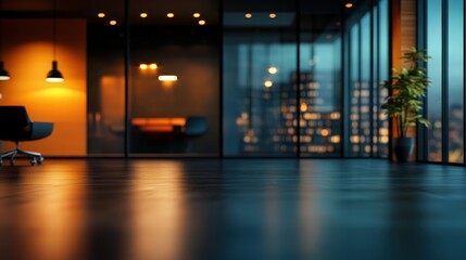 Fototapeta premium Large Office Interior at Night with Blurred Perspective Showcasing Modern Design and Cityscape View Through Glass Windows