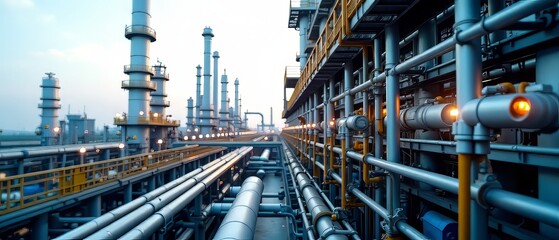 Fototapeta premium Industrial Oil Refinery - Steel & Glass, Powerful Lighting