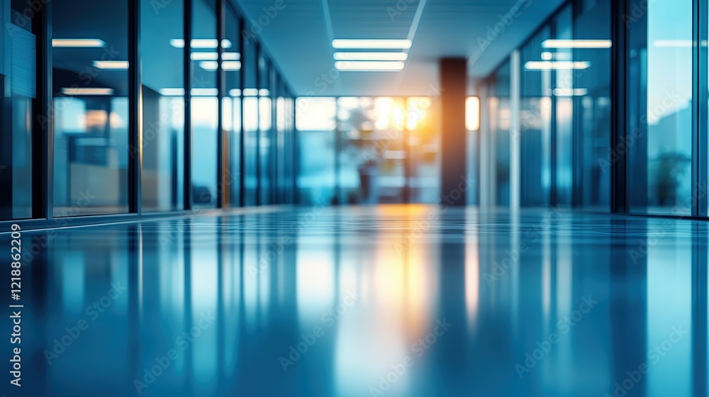Poster modern and empty office space with blurred perspective showing glass windows and reflections during 