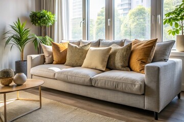 Sophisticated gray sofa, beige cushions define this modern living room's calming interior.