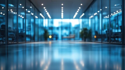Fototapeta premium Modern Empty Office Space with Blurred Perspective Illuminated by Ambient Lighting for Creative and Professional Use