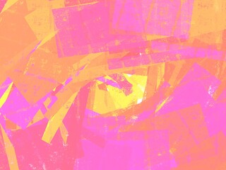 abstract, vibrant combination of warm colors like pink, orange, and yellow with irregular geometric shapes layered over each other, giving it a textured and energetic feel.