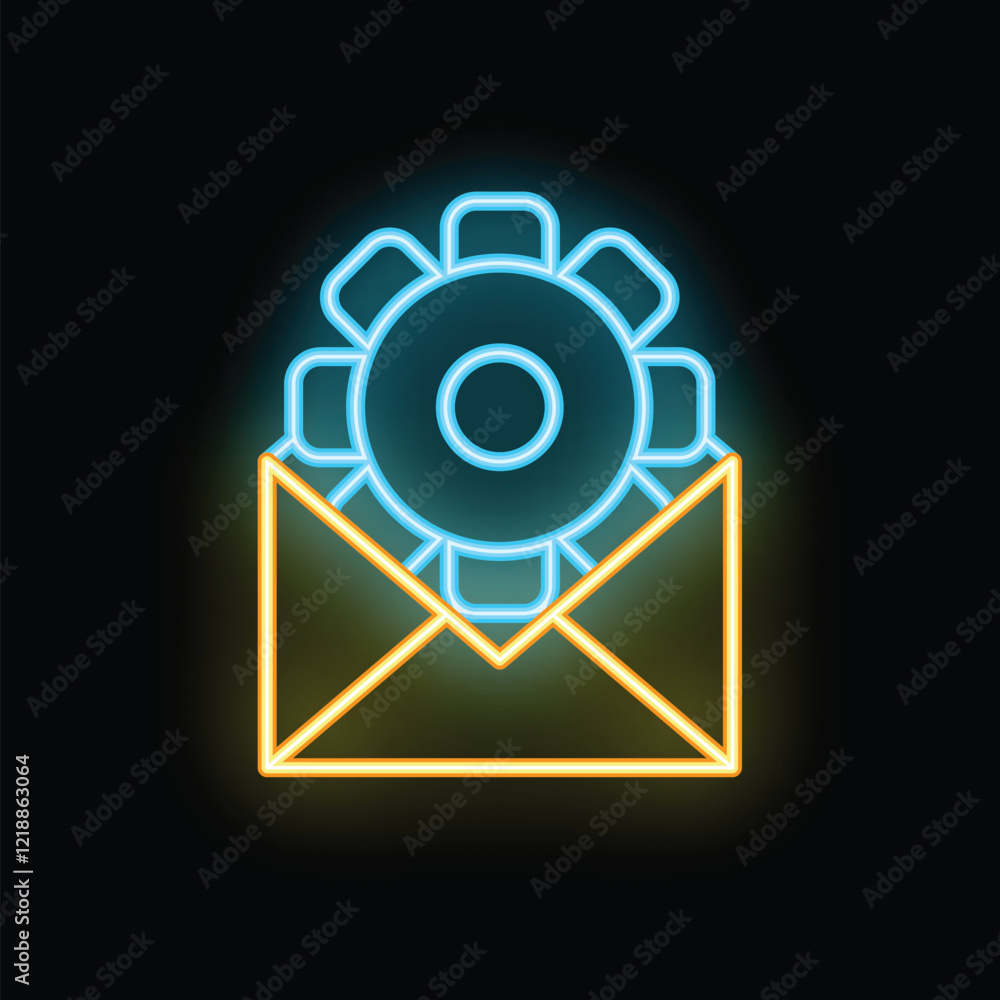 Poster neon icon of a gear emerging from an open envelope, symbolizing email marketing automation
