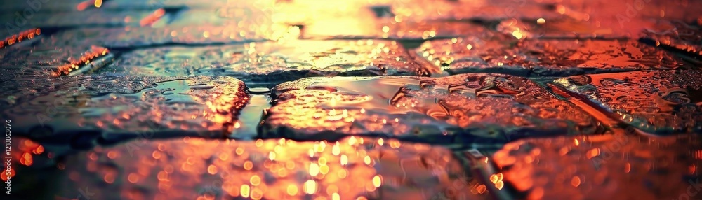 Poster a close-up view of wet cobblestone pavement reflecting colorful light, creating a vibrant and atmosp