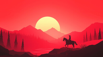 Silhouette of lonesome cowboy riding horse at sunset, Vector Illustration