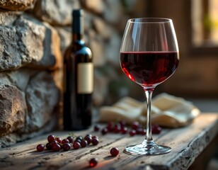 Rich red wine in a glass beside a bottle and scattered grapes highlights a cozy evening setting with stone wall and soft lighting. Generative AI