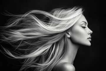 Vintage black and white profile of a blonde woman with wind swept hair against a dark background © Yurii Semonov