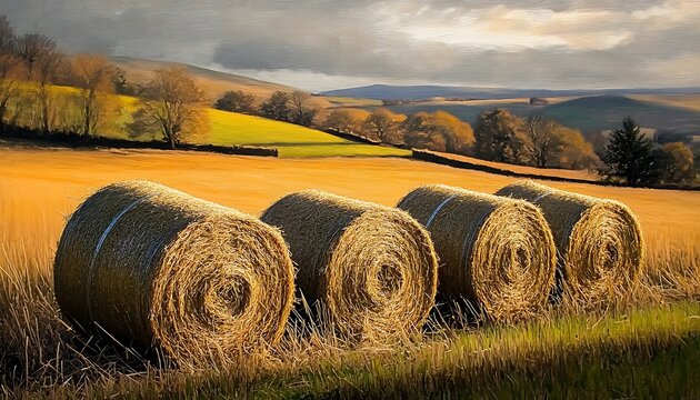 Golden hay bales arranged in a serene agricultural landscape during late afternoon light. Scenic view of agricultural field


