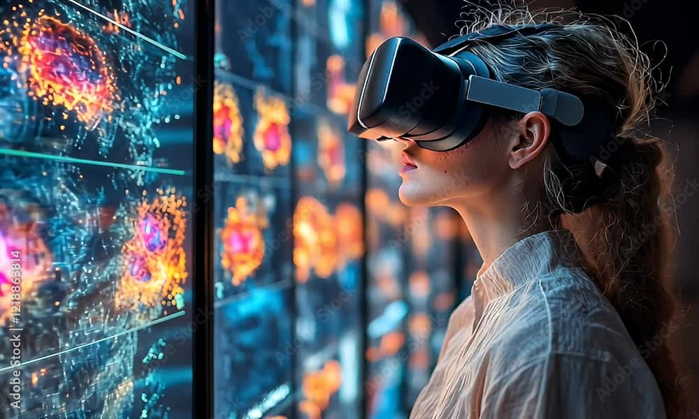 Poster woman in vr headset exploring a futuristic data visualization interface
