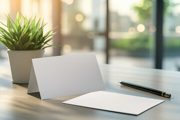 Fototapeta premium Minimalist blank card and envelope on a wooden desk with a pen and plant, set against a bright, modern office backdrop.