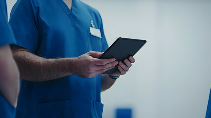 A doctor and nurse collaborate while using a digital tablet in a clinical environment, symbolizing modern healthcare technology, teamwork, efficient patient data management in a professional setting