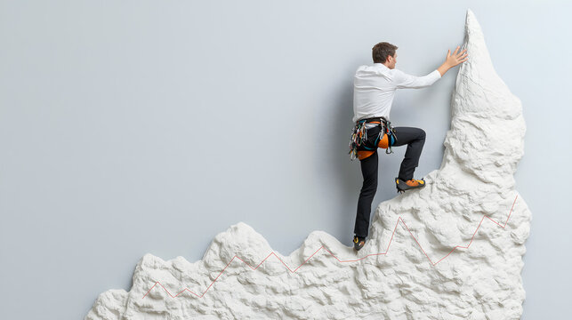 businessman climbs rock wall like stock market growth chart, symbolizing perseverance, financial scaling, business growth through navigating market fluctuations, with creative, motivational concept