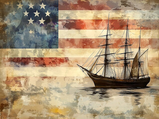 Patriotic Watercolor Illustration of American Flag and Historic Sailing Ship