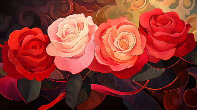 A symbolic representation of love with a series of intertwined red and pink roses, glowing softly and surrounded by abstract patterns, evoking emotions of passion and tenderness.