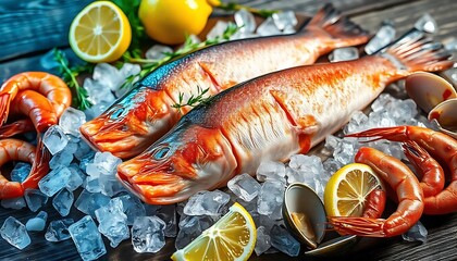 Fresh Seafood Display with Two Whole Fish, Shrimp, Clams, Lemons, and Crushed Ice on a Wooden Surface