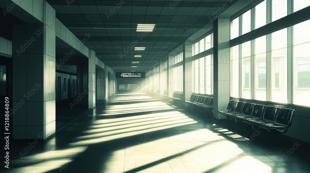 Poster empty waiting area with sunlight streaming through large windows and long bench