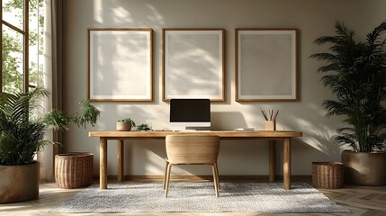 Home workspace, blank picture frames on neutral wall, modern desk with potted plant, open space for text or visuals, 3d rendering