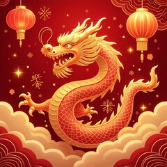 Fototapeta premium Red and Gold Lunar New Year Dragon, elegant 2024 poster, dynamic glowing festival illustration