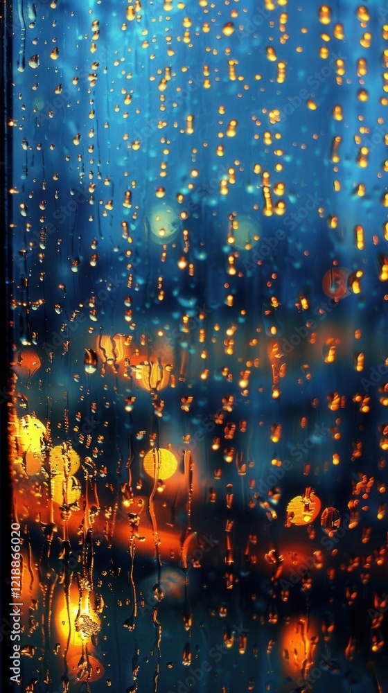 Poster a close-up view of raindrops on a window, creating a blurred background of warm lights and a moody a