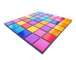 Colorful disco dance floor tiles create vibrant atmosphere, perfect for parties and celebrations. bright hues of pink, orange, and blue invite joyful dancing and fun