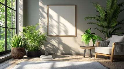 Home desk setup, blank frames, green plant decor, minimalist neutral background, spacious design area, 3d rendering