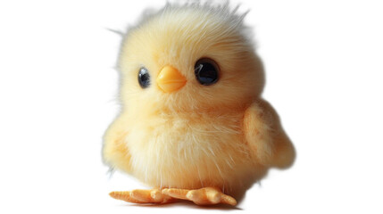Obraz premium Cute fluffy yellow chick standing on a surface with soft feathers and bright black eyes, symbolizing innocence and warmth in a delightful and charming way