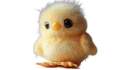 Cute fluffy yellow chick standing on a surface with soft feathers and bright black eyes, symbolizing innocence and warmth in a delightful and charming way
