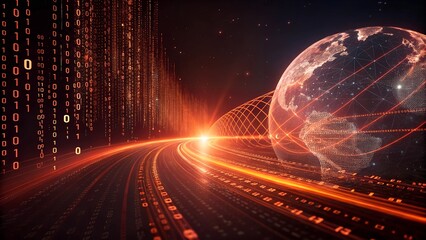 Futuristic Digital Landscape with Glowing Data Streams and Cyber Sphere Visualization