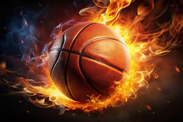 Obraz premium Burning Basketball, Night Photography, Fire, Dramatic, Sports, Abstract, Flames, Court, Ball, Aerial View