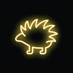Neon sign depicting a cute hedgehog with glowing yellow lines on a black background