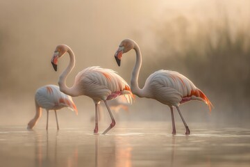 Obraz premium Flamingos in tranquil waters a stunning display of nature s beauty and vibrant coloration