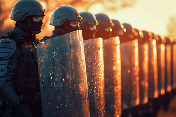 Riot Police Line with Shields at Dusk, person with shields in formation, revolution and demonstration management outdoors.