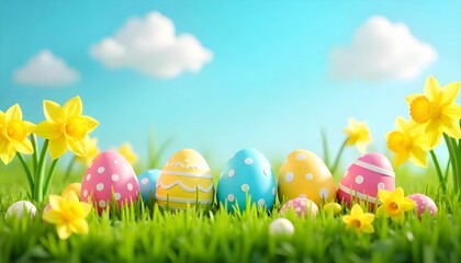 Vibrant Easter eggs nestled in green grass with a bright blue sky and a fluffy cloud overhead