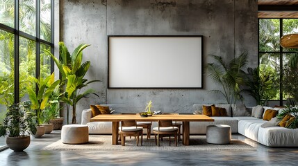 Stylish dining area, blank wall frame, minimalist potted plant decor, modern design, seamless concrete wall background, 3d illustration