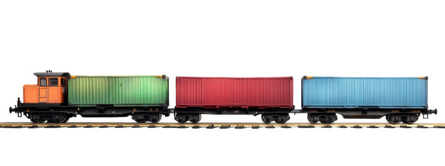 freight train with colorful cargo containers on tracks, showcasing vibrant green, red, and blue containers. train is isolated on transparency background, emphasizing its design and colors