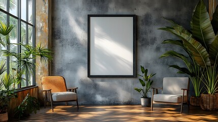 Dining room decor, blank frame template on concrete wall, modern green plant in pot, stylish minimalist chairs, 3d illustration