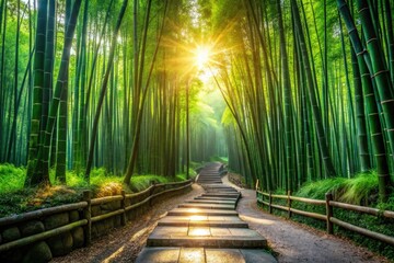 Tranquil bamboo forest path: nature's serenity captured, fostering mindfulness and relaxation.